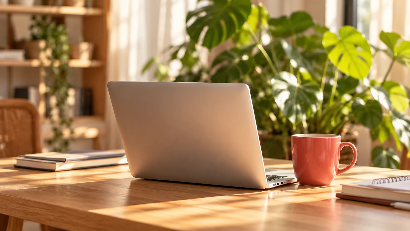 A laptop and a red coffee mug on a sunlit desk